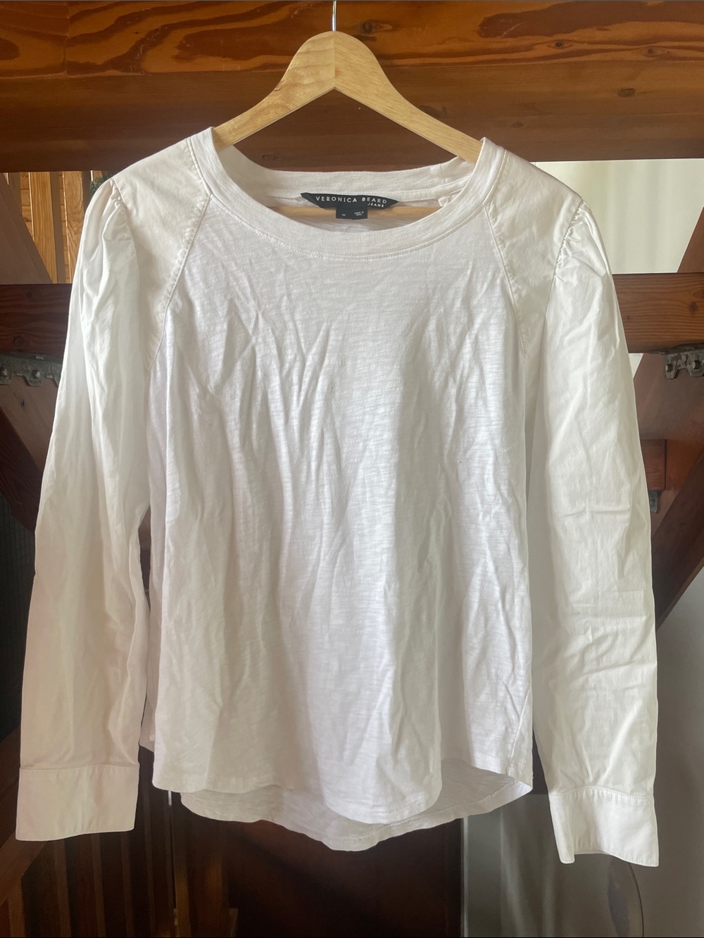 Veronica Beard White Long-Sleeve Crewneck Top with Subtle Shoulder Detail